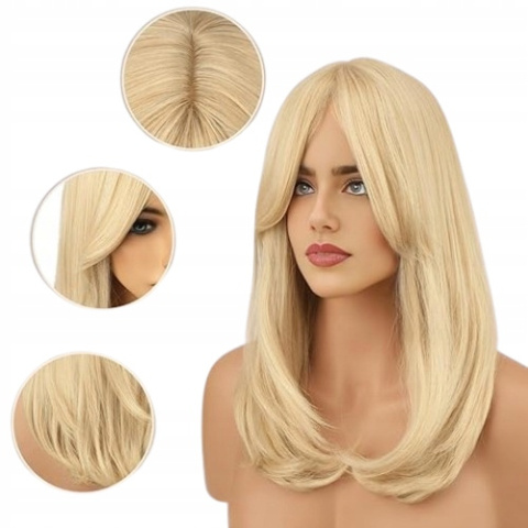 Peruka Blond z Grzywką 45cm Syntetyczne Włosy Jasny Blond Długie Proste