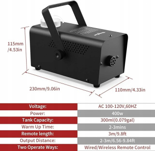 Theefun mini wytwornica mgły 400 W, 2000 cFM z pilotem zdalnego sterowania