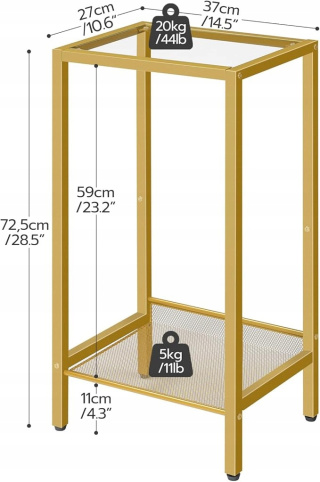 Wysoki Stolik Industrialny z Półką 37x27x72,5 cm ze Szklanym Blatem Złoty