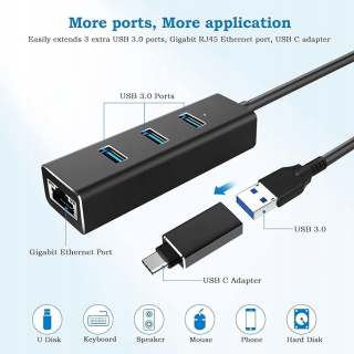 Hub USB 3.0, aluminiowy z 3 portami, adapter RJ45 - idealny do biura